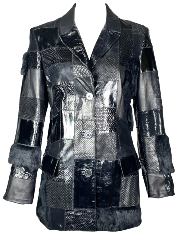 F/W 1999 Roberto Cavalli Black Leather Snakeskin & Mink Fur Patchwork Jacket