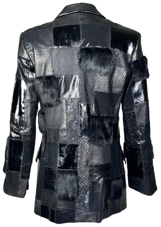 F/W 1999 Roberto Cavalli Black Leather Snakeskin & Mink Fur Patchwork Jacket