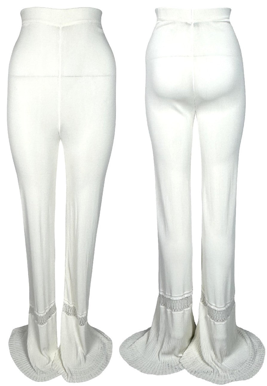 Resort 1998 Christian Dior x John Galliano Runway Sheer Ivory Knit Pin-Up High Waist Bodycon Flared Extra Long Legging Pants