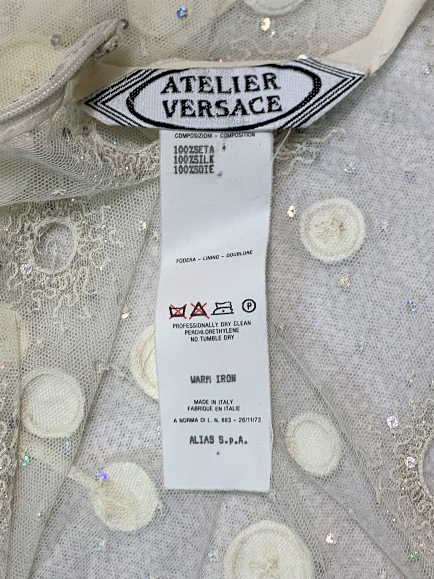 S/S 1999 Atelier Versace Couture Runway Sheer Ivory Mesh Crystal Embellished Gown Dress