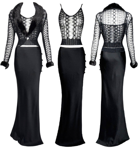 S/S 1999 Christian Dior x John Galliano Sheer Black Knit Cami High Slit Cheongsam Maxi Skirt & Mink Fur Cardigan Set