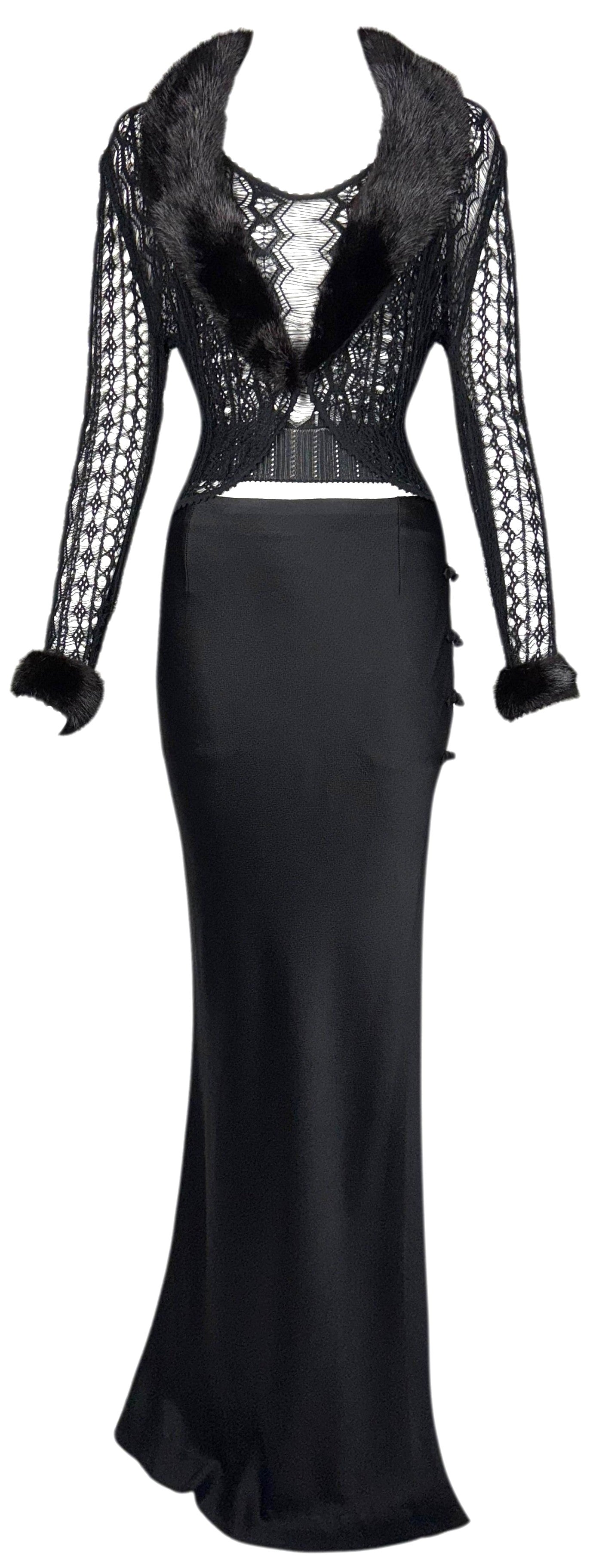 S/S 1999 Christian Dior x John Galliano Sheer Black Knit Cami High Slit Cheongsam Maxi Skirt & Mink Fur Cardigan Set