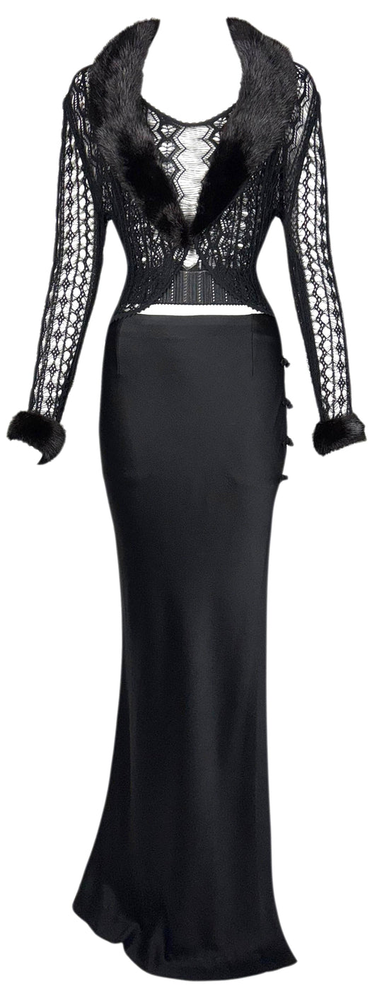 S/S 1999 Christian Dior x John Galliano Sheer Black Knit Cami High Slit Cheongsam Maxi Skirt & Mink Fur Cardigan Set