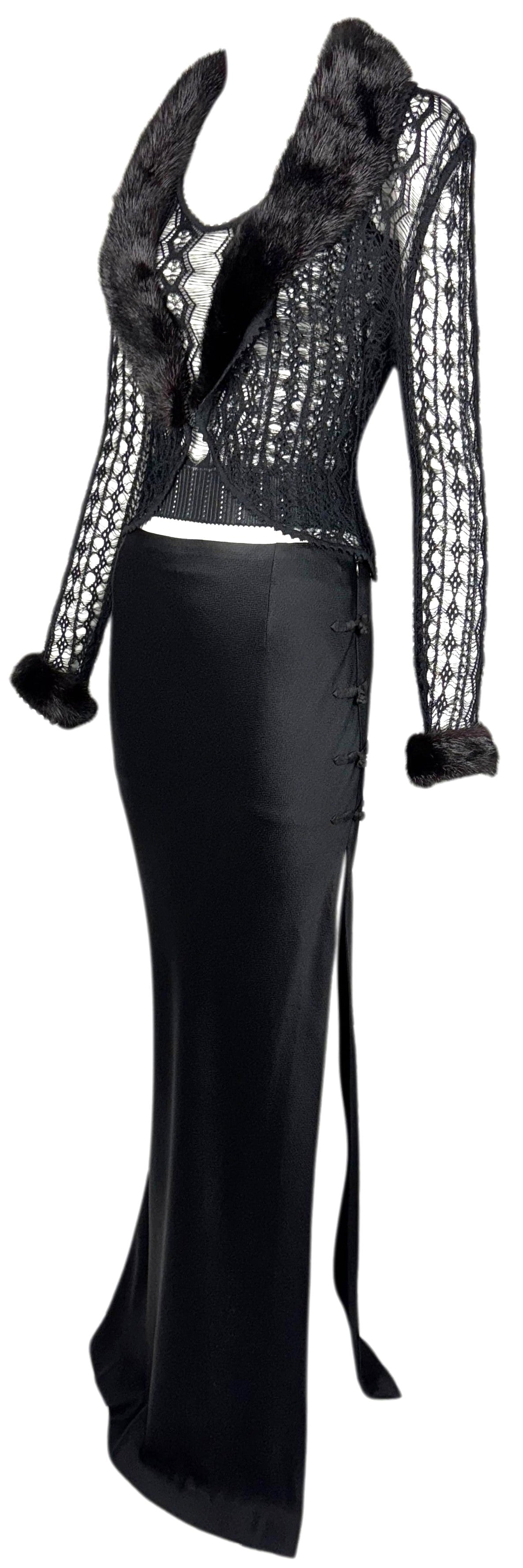 S/S 1999 Christian Dior x John Galliano Sheer Black Knit Cami High Slit Cheongsam Maxi Skirt & Mink Fur Cardigan Set