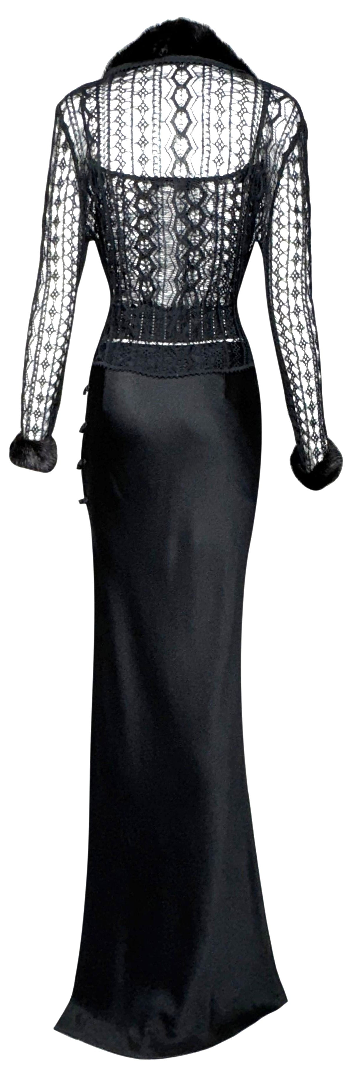 S/S 1999 Christian Dior x John Galliano Sheer Black Knit Cami High Slit Cheongsam Maxi Skirt & Mink Fur Cardigan Set