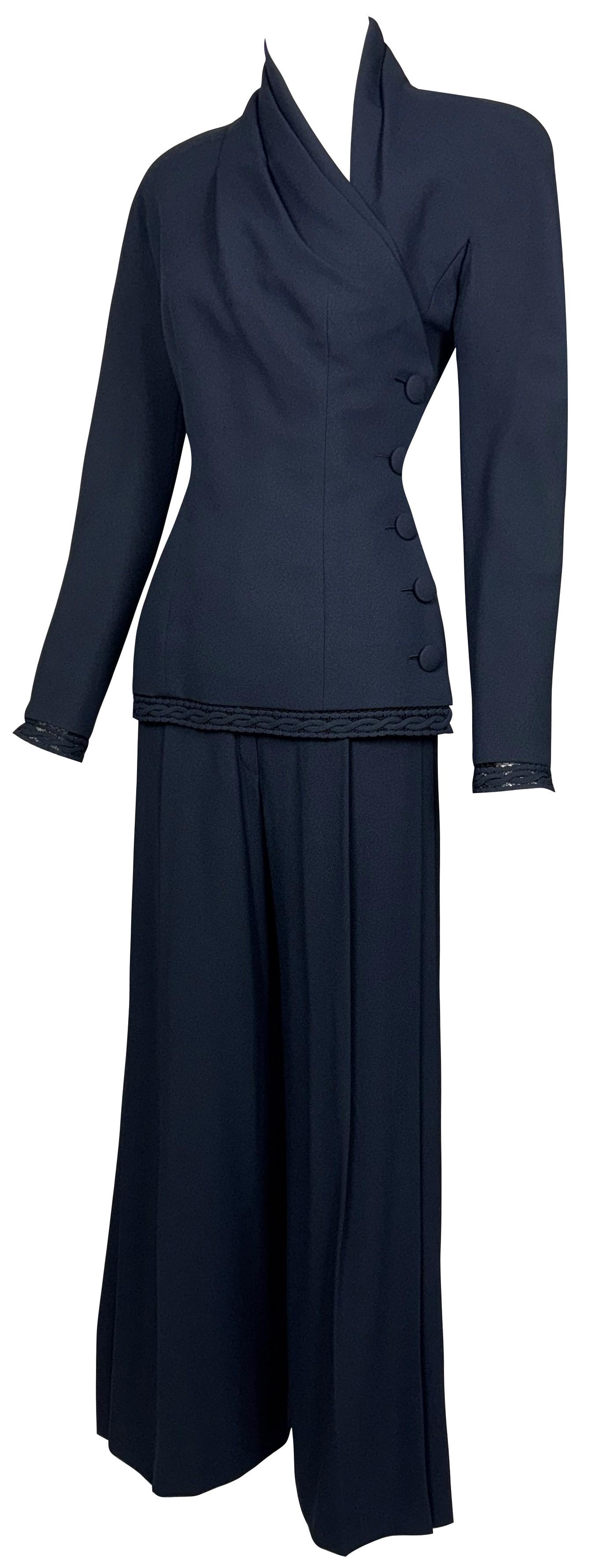 S/S 1999 Christian Dior by John Galliano HAUTE COUTURE 1940's Old Hollywood Vixen Navy Blue High Shoulder Jacket & Wide Leg Pant Suit