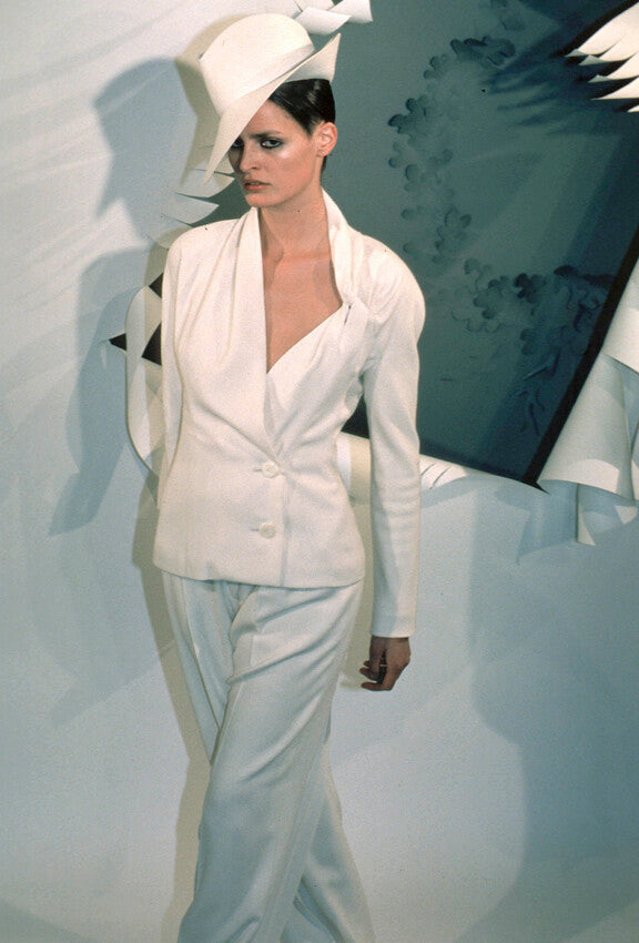 S/S 1999 Christian Dior by John Galliano HAUTE COUTURE 1940's Old Hollywood Vixen Navy Blue High Shoulder Jacket & Wide Leg Pant Suit