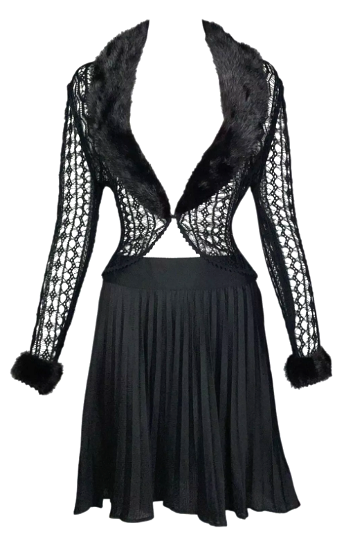 S/S 1999 Christian Dior by John Galliano Black Mink Fur Cardigan Pleated Chinoiserie Mini Skirt Set