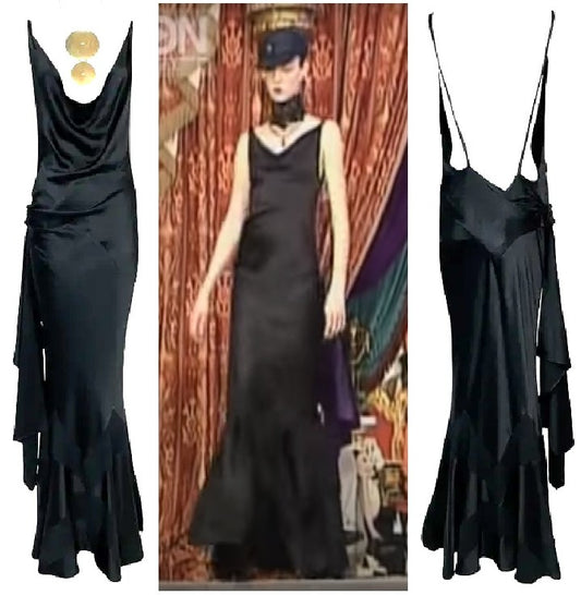 S/S 1999 Christian Dior by John Galliano Runway Plunging 1920's Flapper Style Black Satin Gown Dress