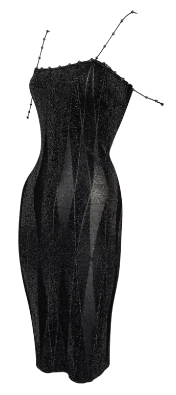 S/S 1999 Christian Dior by John Galliano Harlequin Black & Gold Knit Beaded Straps Midi Dress