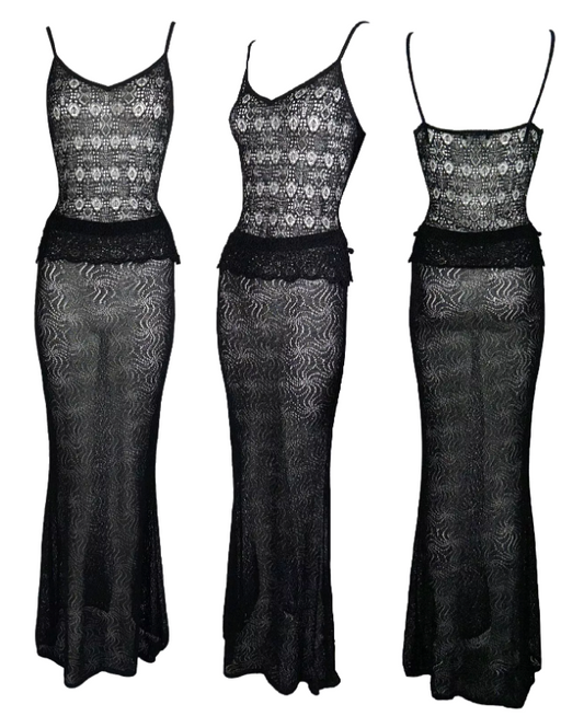 Vintage 1999 Christian Dior by John Galliano Sheer Black Knit Top & Mermaid Maxi Skirt Dress Set
