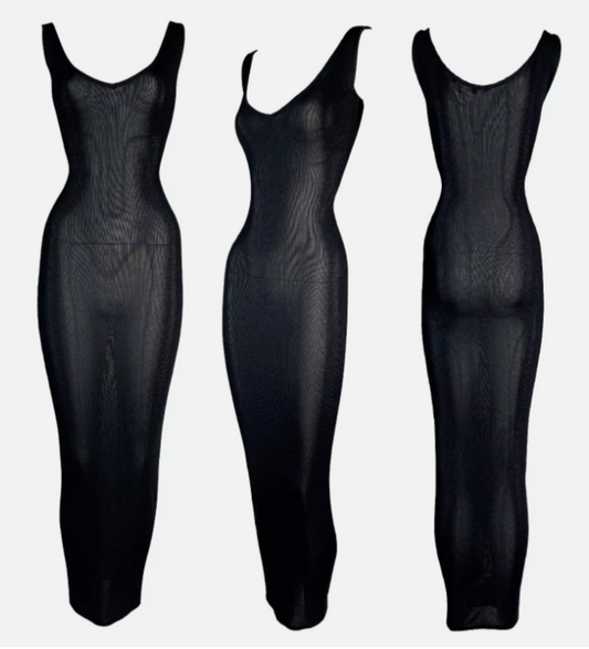 Vintage S/S 1999 Christian Dior by John Galliano Black Pin-Up Bodycon Wiggle Maxi Dress