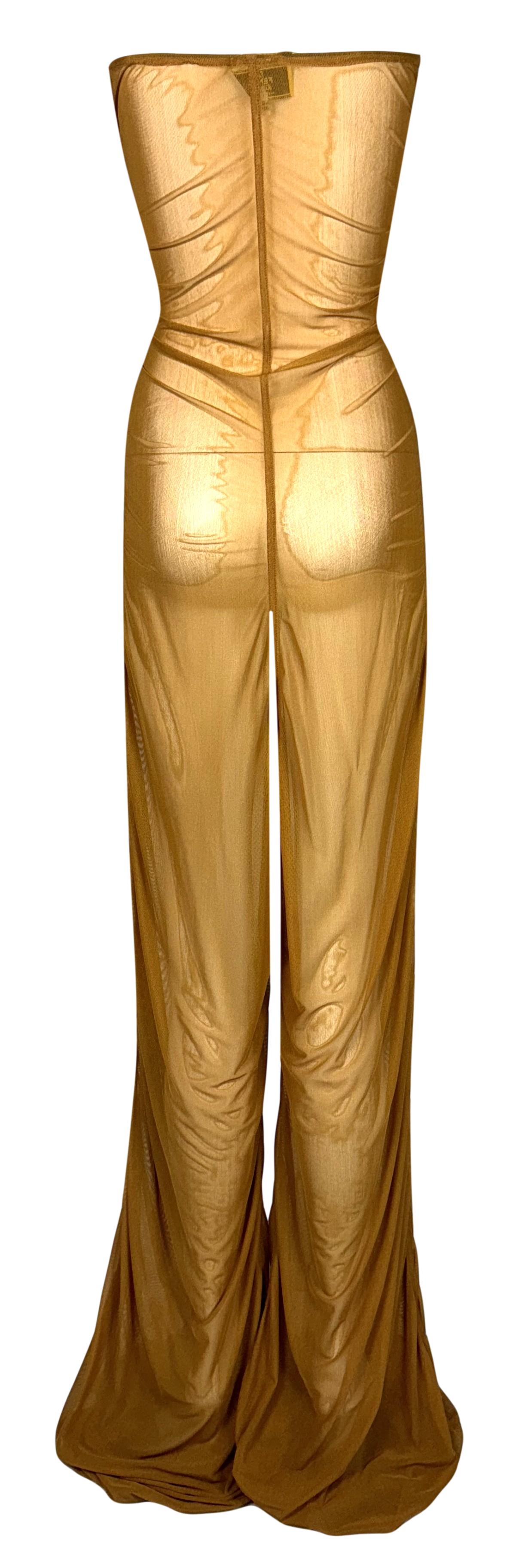 S/S 1999 Fendi by Karl Lagerfeld Sheer Gold Tan Mesh Strapless Wide Leg Jumpsuit Romper