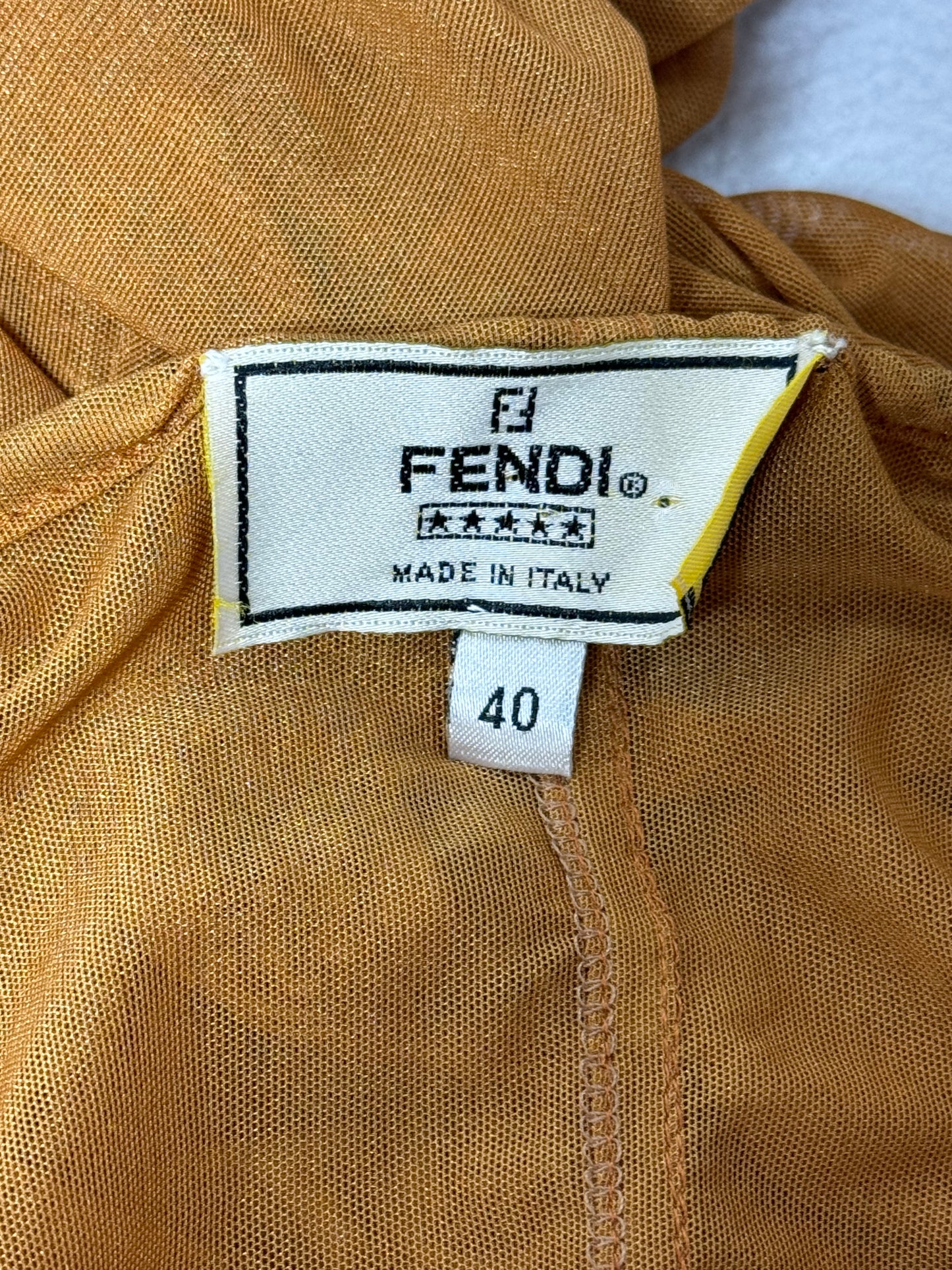 S/S 1999 Fendi by Karl Lagerfeld Sheer Gold Tan Mesh Strapless Wide Leg Jumpsuit Romper