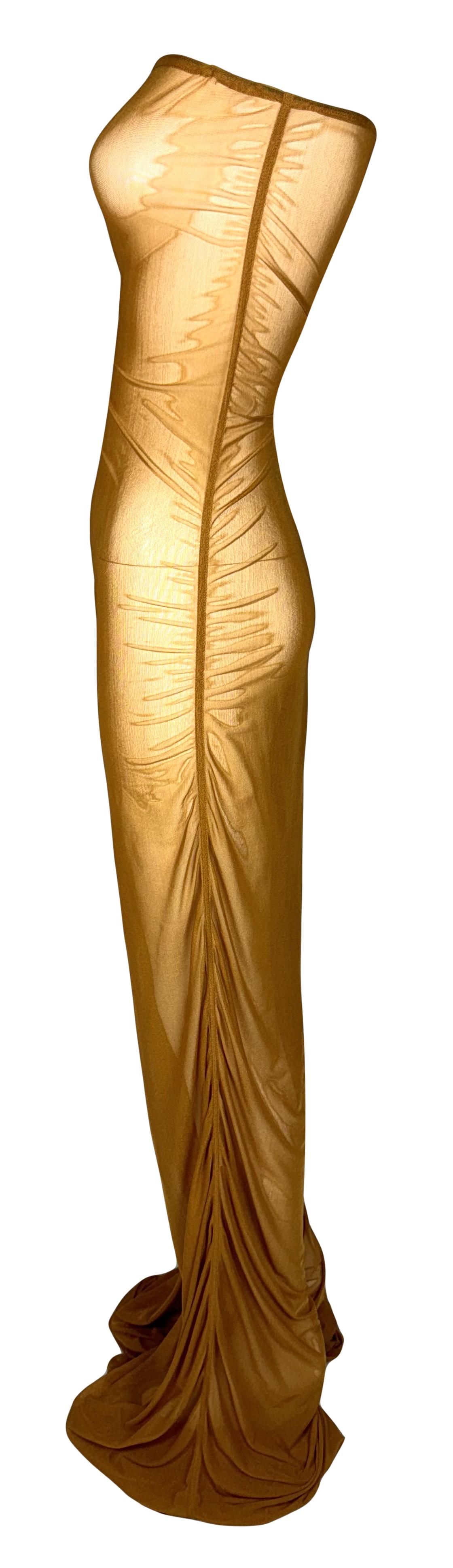 S/S 1999 Fendi by Karl Lagerfeld Sheer Gold Tan Mesh Strapless Wide Leg Jumpsuit Romper
