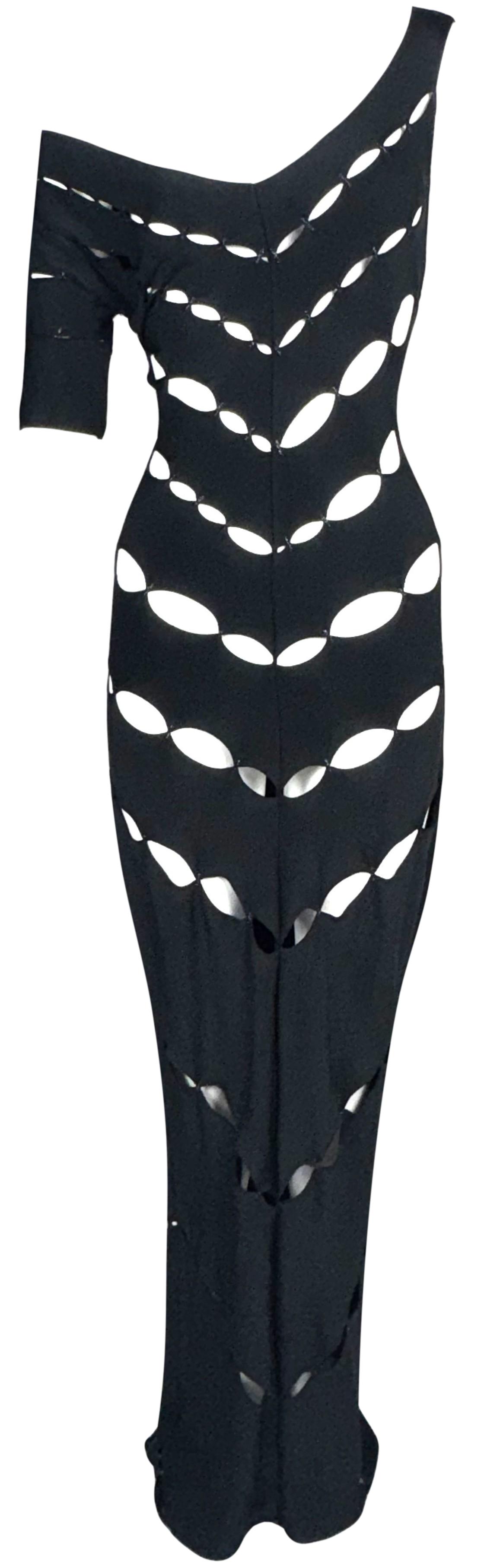 S/S 1999 Gianfranco Ferre Runway Sheer Black Off Shoulder Sexy Cut-Out Mermaid Maxi Dress