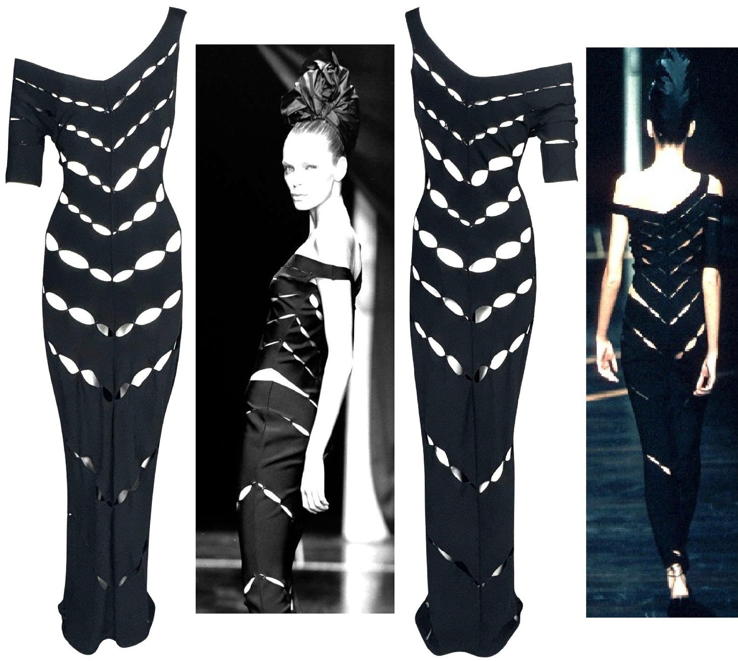 S/S 1999 Gianfranco Ferre Runway Sheer Black Off Shoulder Sexy Cut-Out Mermaid Maxi Dress