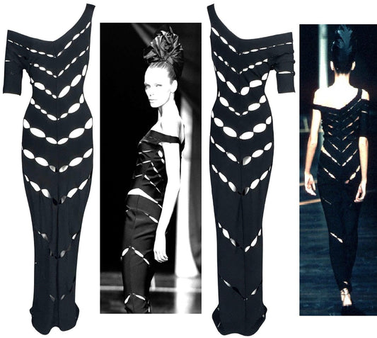 S/S 1999 Gianfranco Ferre Runway Sheer Black Off Shoulder Sexy Cut-Out Mermaid Maxi Dress