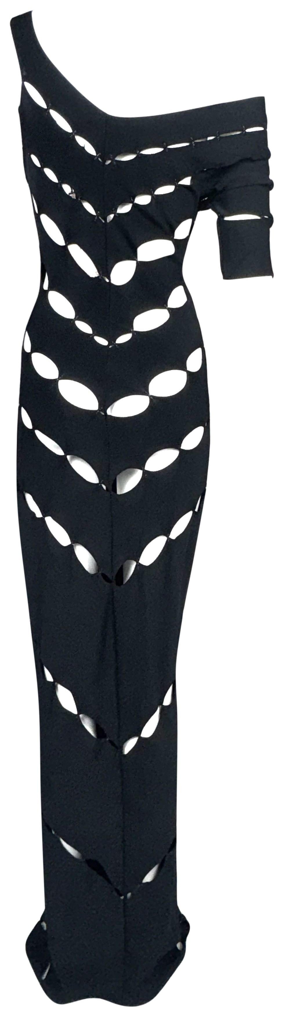 S/S 1999 Gianfranco Ferre Runway Sheer Black Off Shoulder Sexy Cut-Out Mermaid Maxi Dress