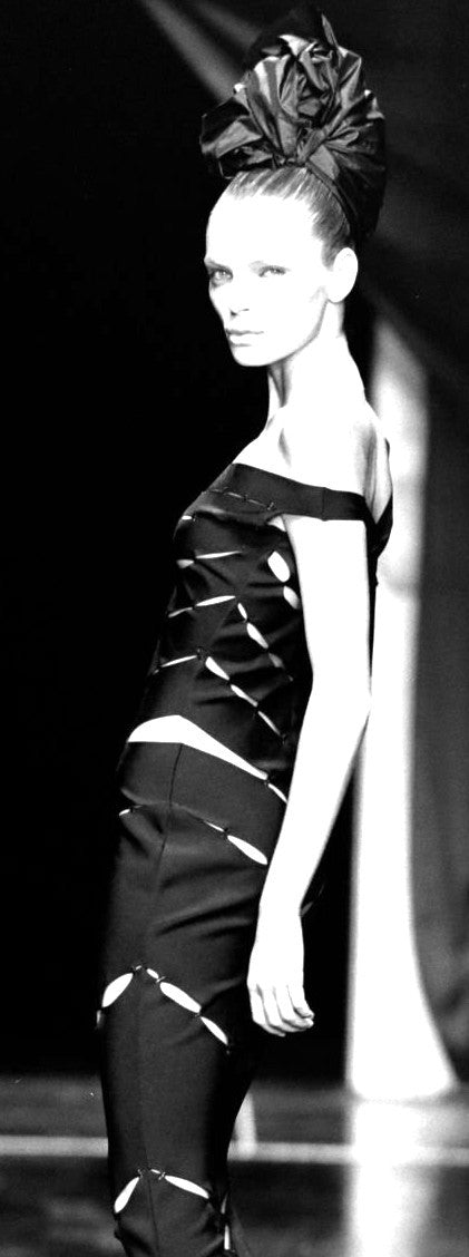 S/S 1999 Gianfranco Ferre Runway Sheer Black Off Shoulder Sexy Cut-Out Mermaid Maxi Dress