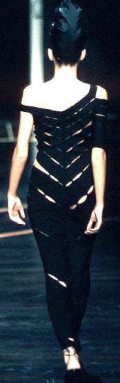 S/S 1999 Gianfranco Ferre Runway Sheer Black Off Shoulder Sexy Cut-Out Mermaid Maxi Dress