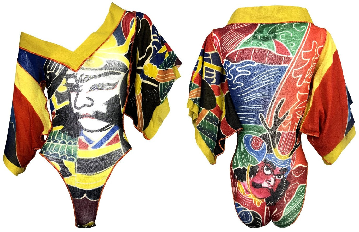 S/S 1999 Jean Paul Gaultier Sheer Mesh Japanese Samurai Print Kimono Sleeve Bodysuit Top