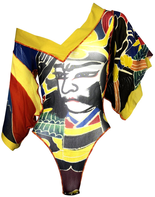 S/S 1999 Jean Paul Gaultier Sheer Mesh Japanese Samurai Print Kimono Sleeve Bodysuit Top