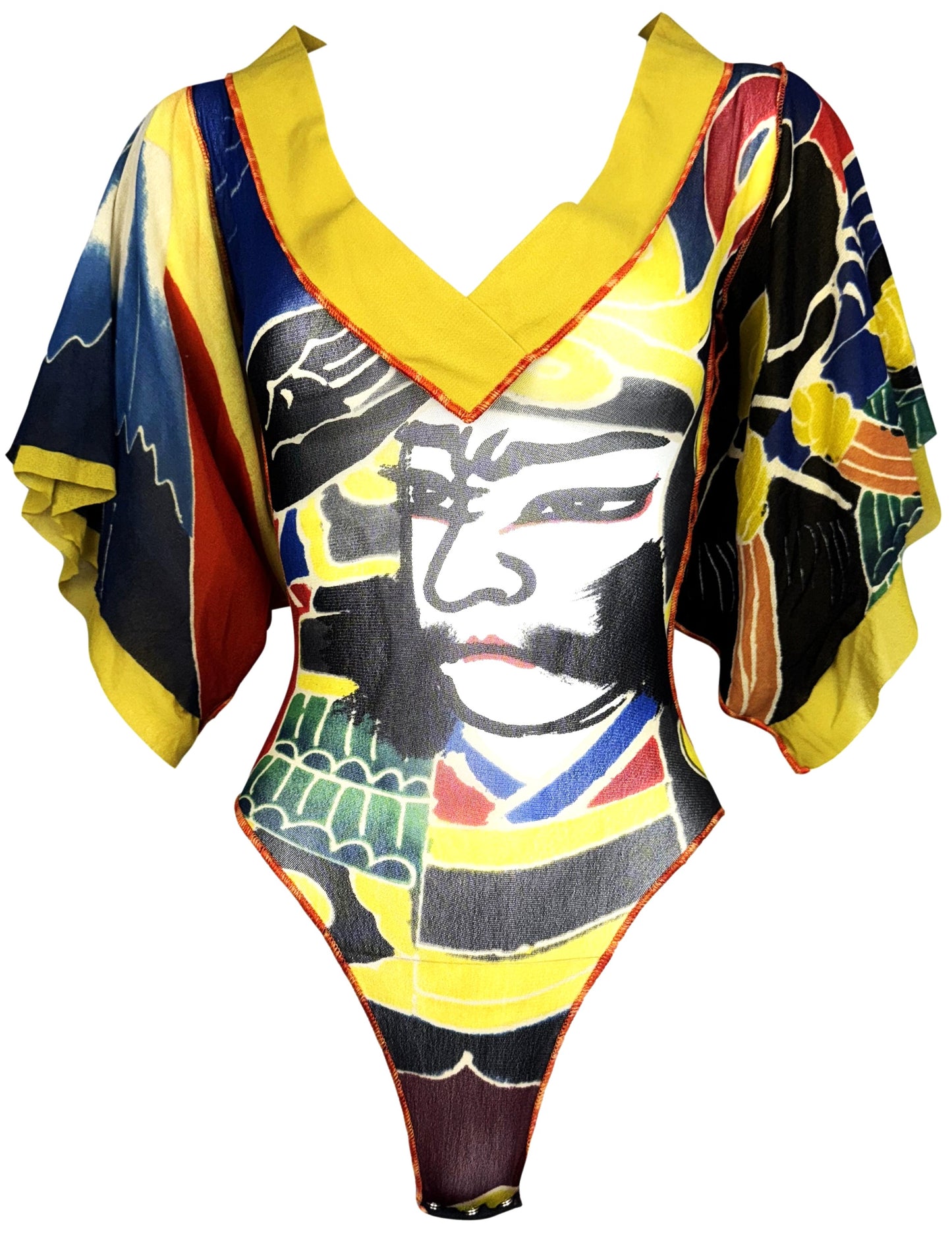 S/S 1999 Jean Paul Gaultier Sheer Mesh Japanese Samurai Print Kimono Sleeve Bodysuit Top