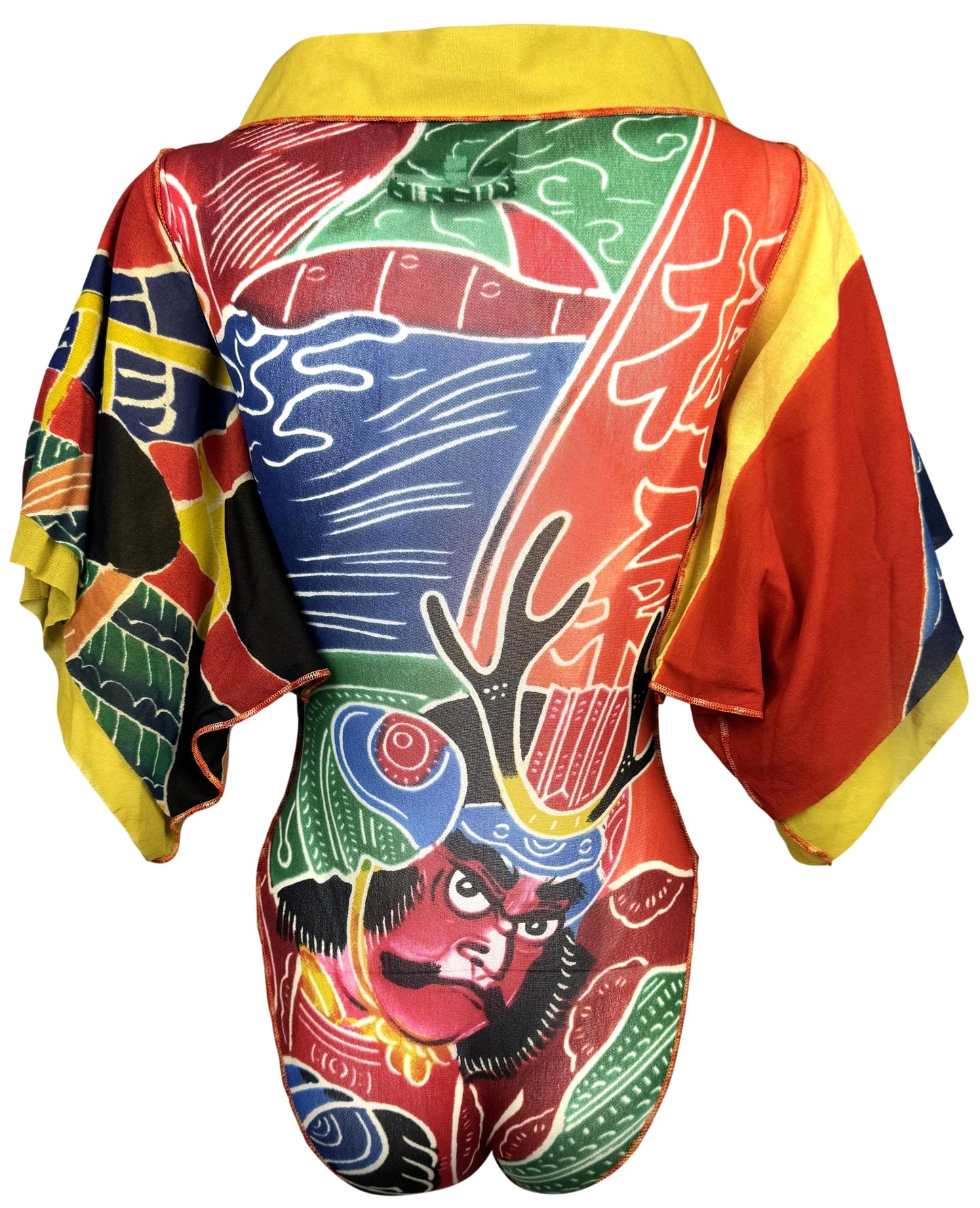 S/S 1999 Jean Paul Gaultier Sheer Mesh Japanese Samurai Print Kimono Sleeve Bodysuit Top