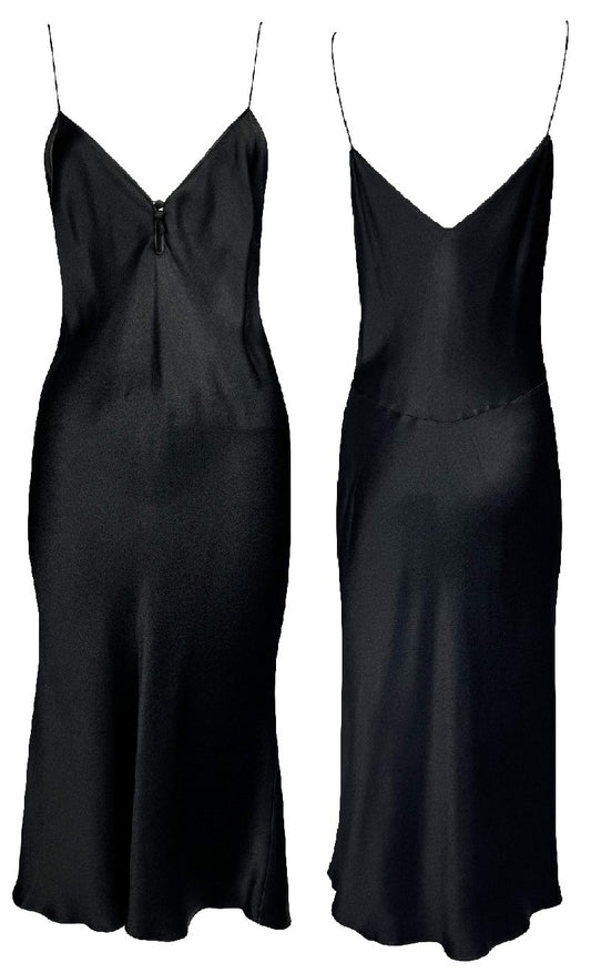 Vintage S/S 1999 John Galliano Black Satin Plunging V Classic 1920's Style Midi Slip Dress