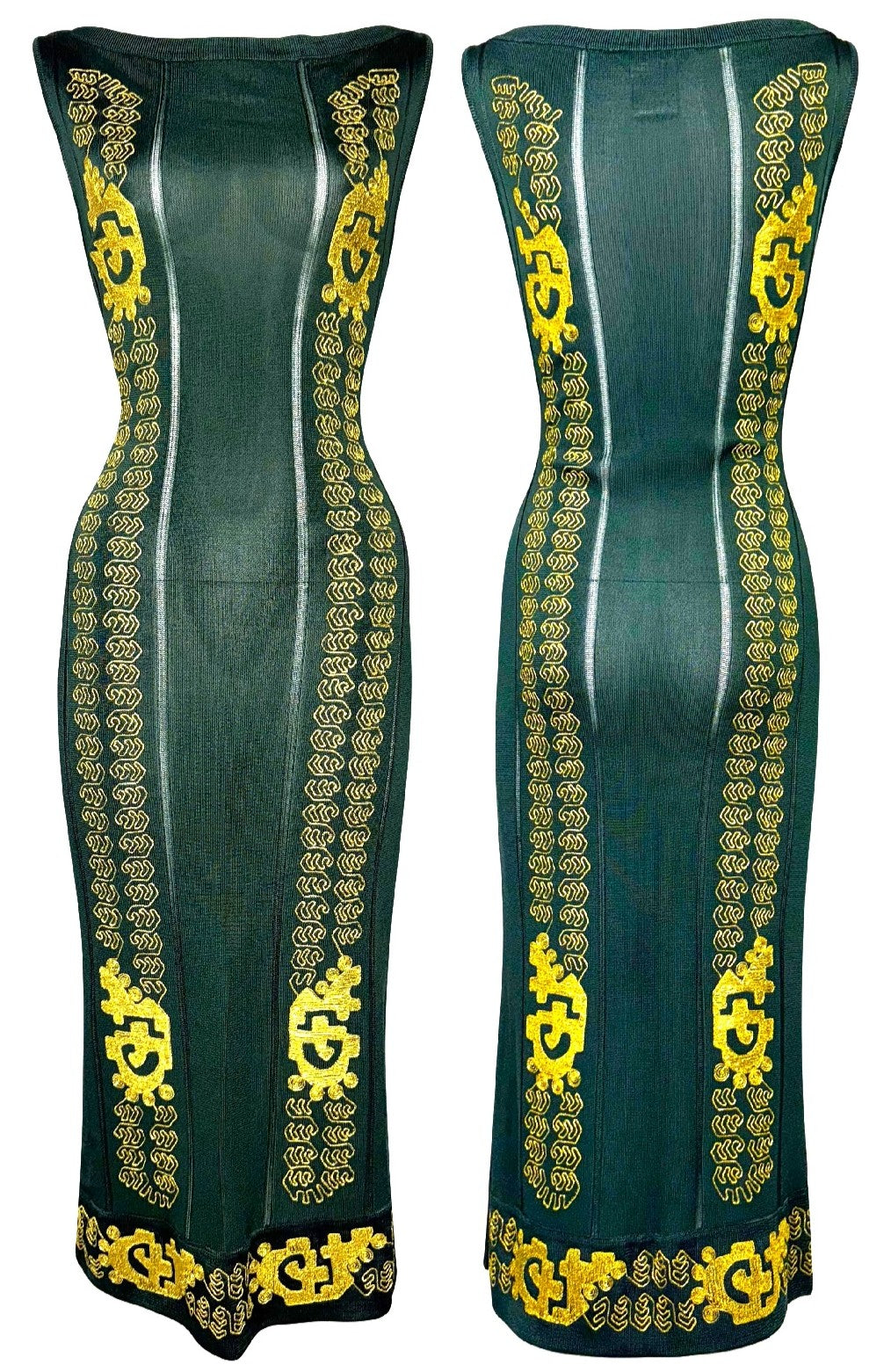 RARE S/S 1999 John Galliano Grecian Roman Green & Gold Embroidered Bodycon Dress
