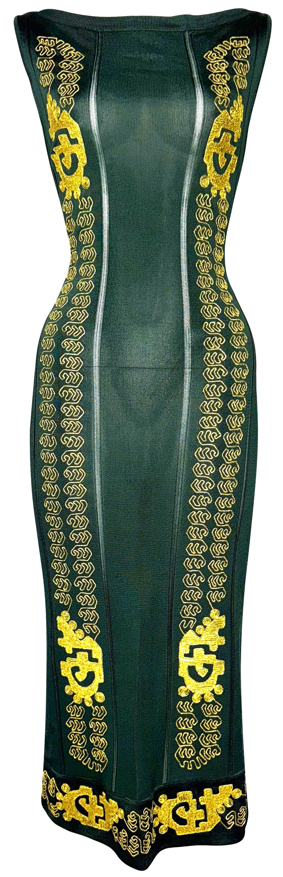 RARE S/S 1999 John Galliano Grecian Roman Green & Gold Embroidered Bodycon Dress