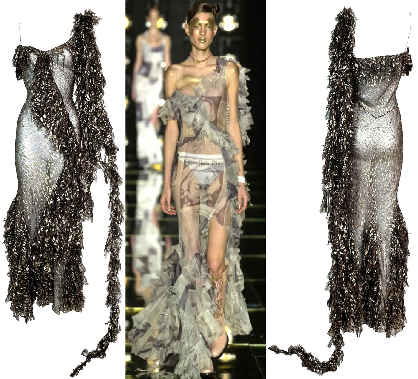 F/W 2000 Christian Dior x John Galliano Runway Brown & Gold Ruffle Maxi Dress w Long Sash