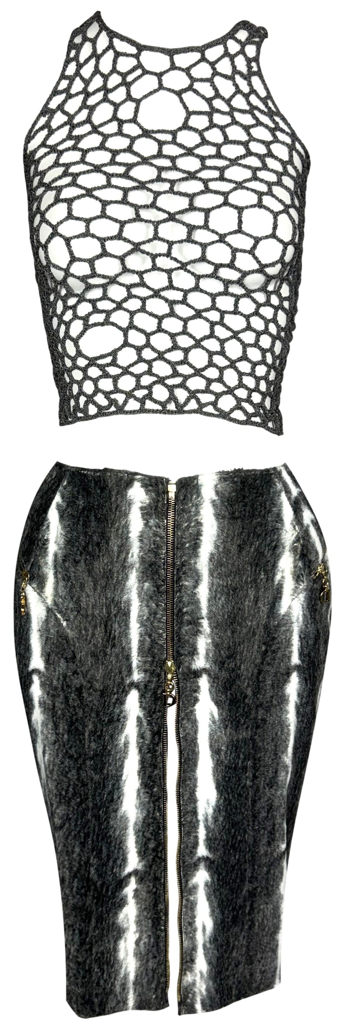 2000's Christian Dior x John Galliano Sheer Distressed Gray Knit Crop Top & Faux Fur High Zipper Slit Pencil Skirt Set
