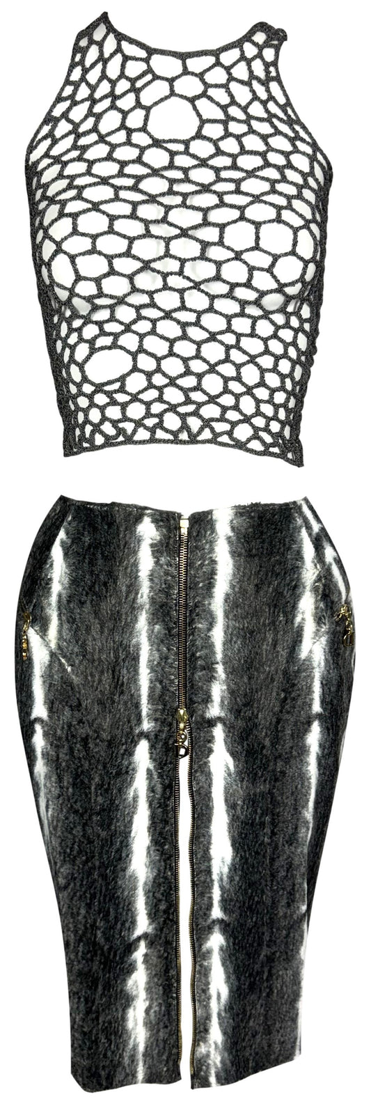 2000's Christian Dior x John Galliano Sheer Distressed Gray Knit Crop Top & Faux Fur High Zipper Slit Pencil Skirt Set