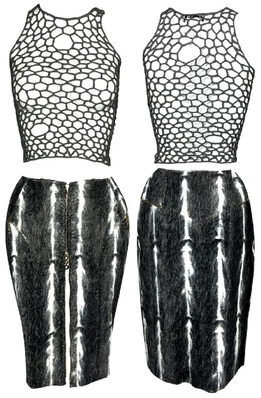 2000's Christian Dior x John Galliano Sheer Distressed Gray Knit Crop Top & Faux Fur High Zipper Slit Pencil Skirt Set