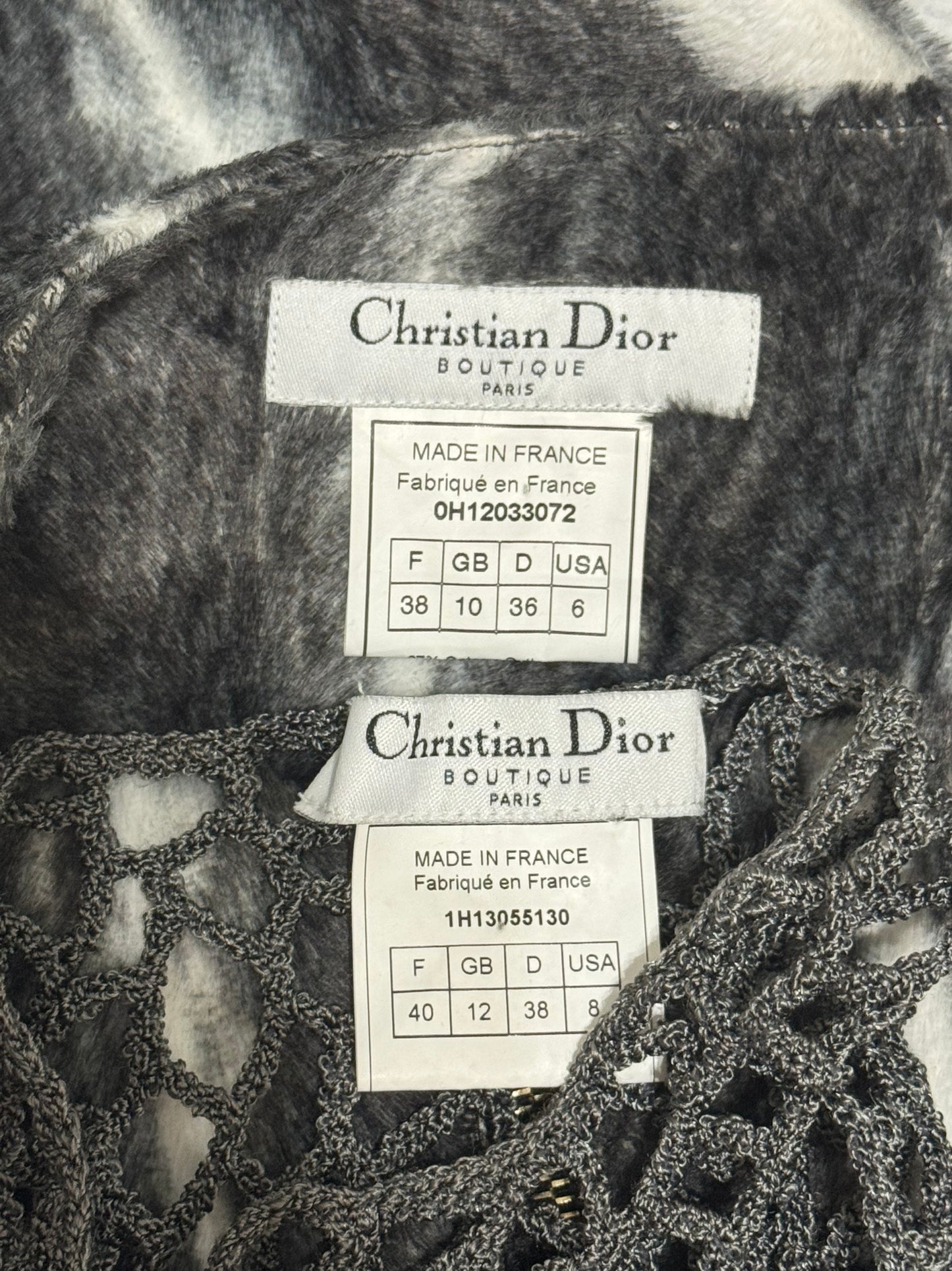 2000's Christian Dior x John Galliano Sheer Distressed Gray Knit Crop Top & Faux Fur High Zipper Slit Pencil Skirt Set