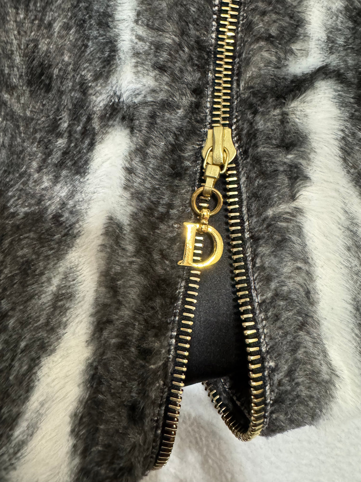 2000's Christian Dior x John Galliano Sheer Distressed Gray Knit Crop Top & Faux Fur High Zipper Slit Pencil Skirt Set