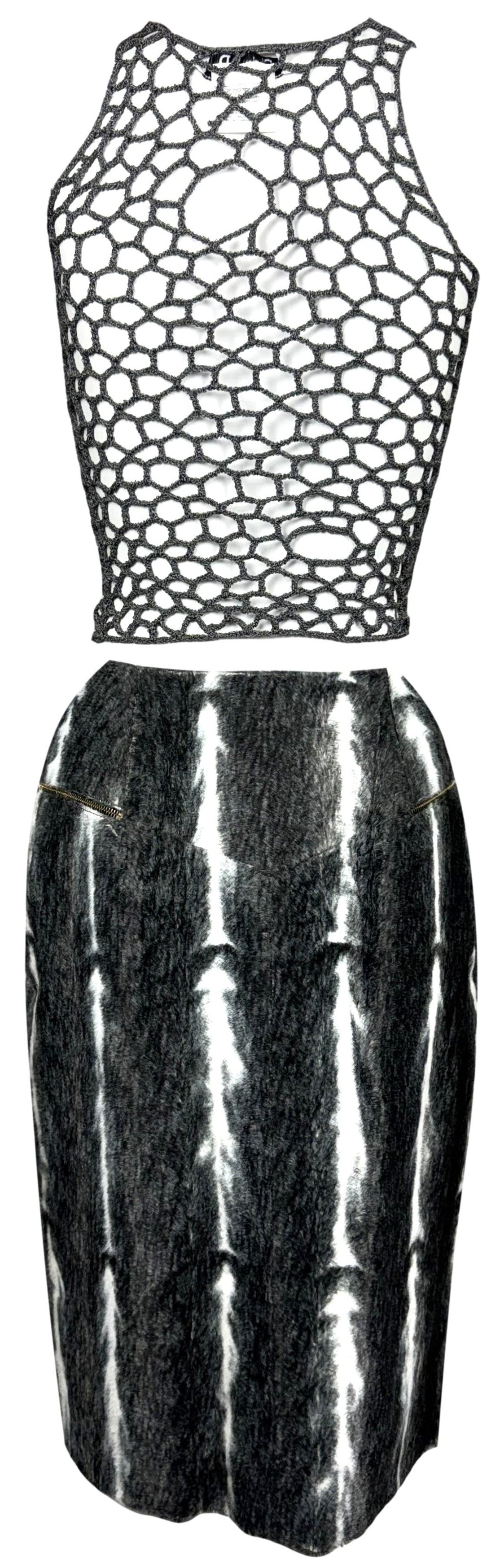 2000's Christian Dior x John Galliano Sheer Distressed Gray Knit Crop Top & Faux Fur High Zipper Slit Pencil Skirt Set