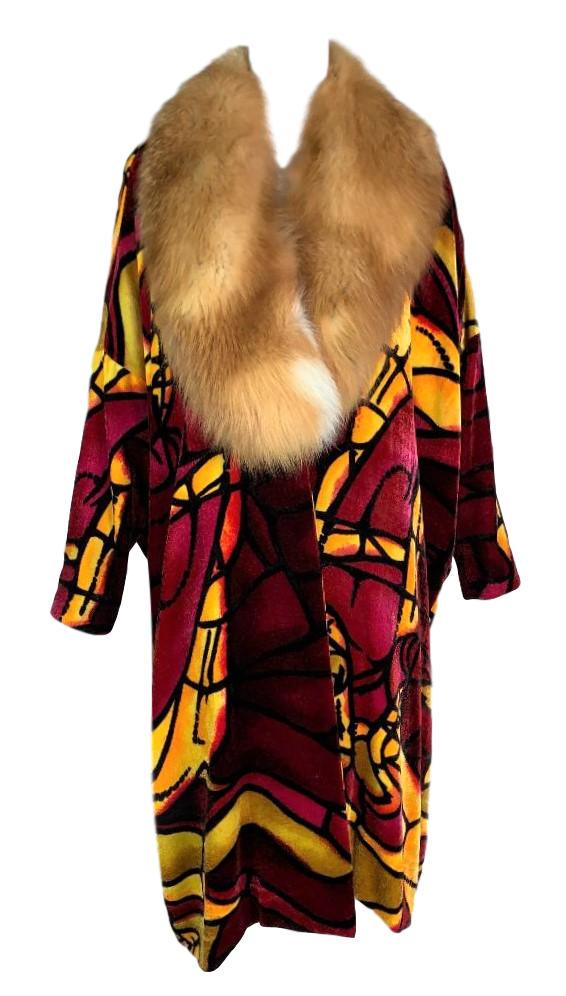 F/W 2000 Christian Dior by John Galliano Velvet Stained Glass Bodycon Dress & Matching Opera Coat w Fox Fur