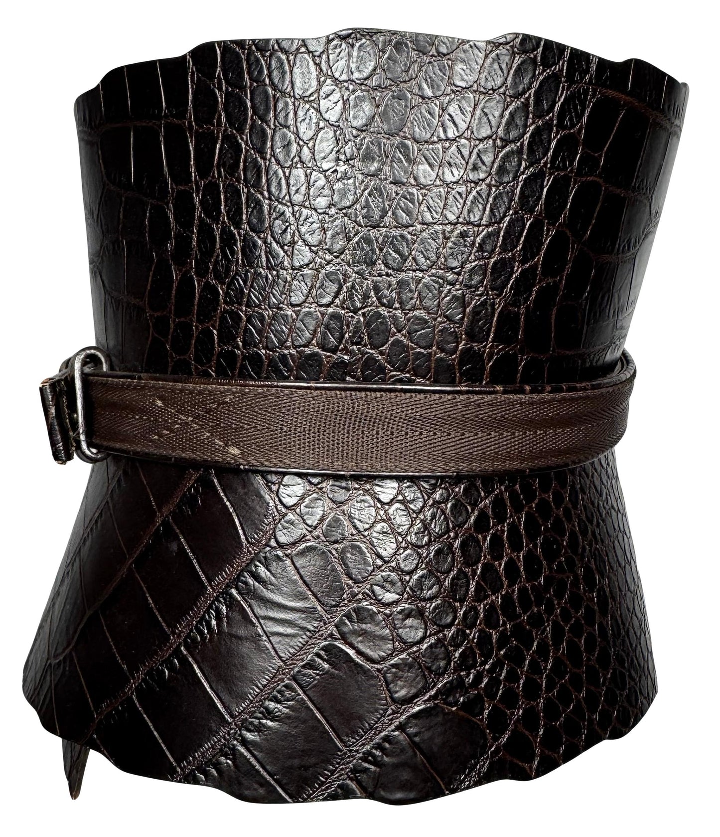 2000's Gianfranco Ferre Brown Crocodile Wide Corset Waist Cincher Belt