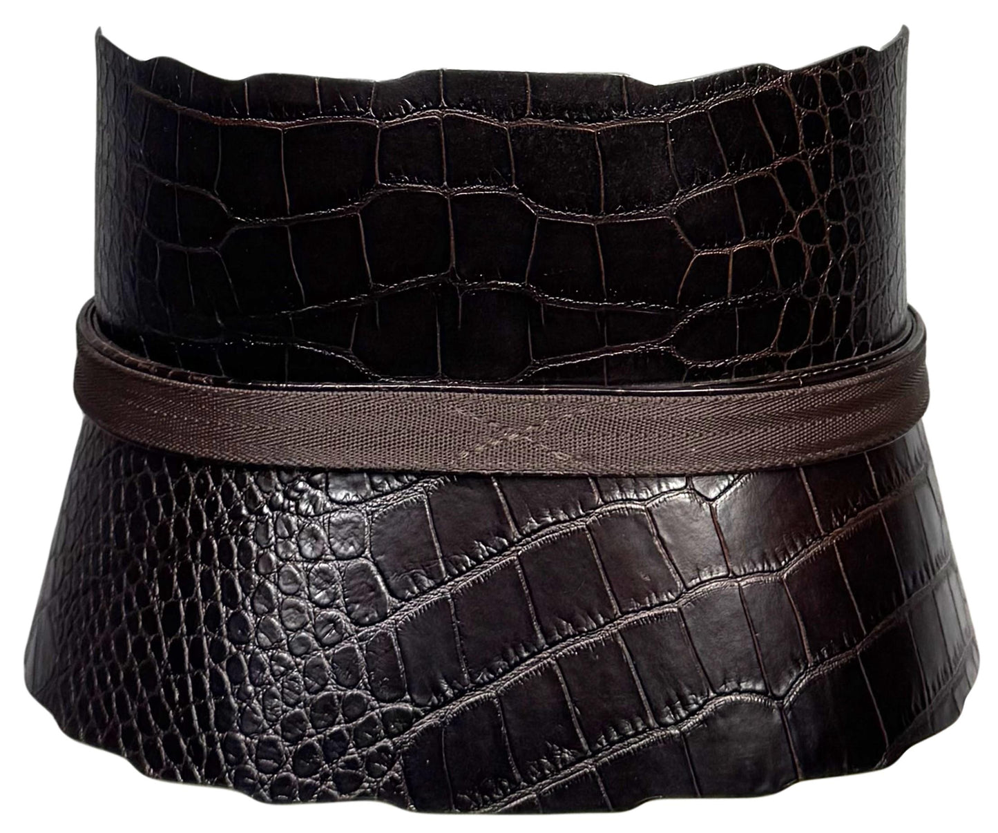 2000's Gianfranco Ferre Brown Crocodile Wide Corset Waist Cincher Belt
