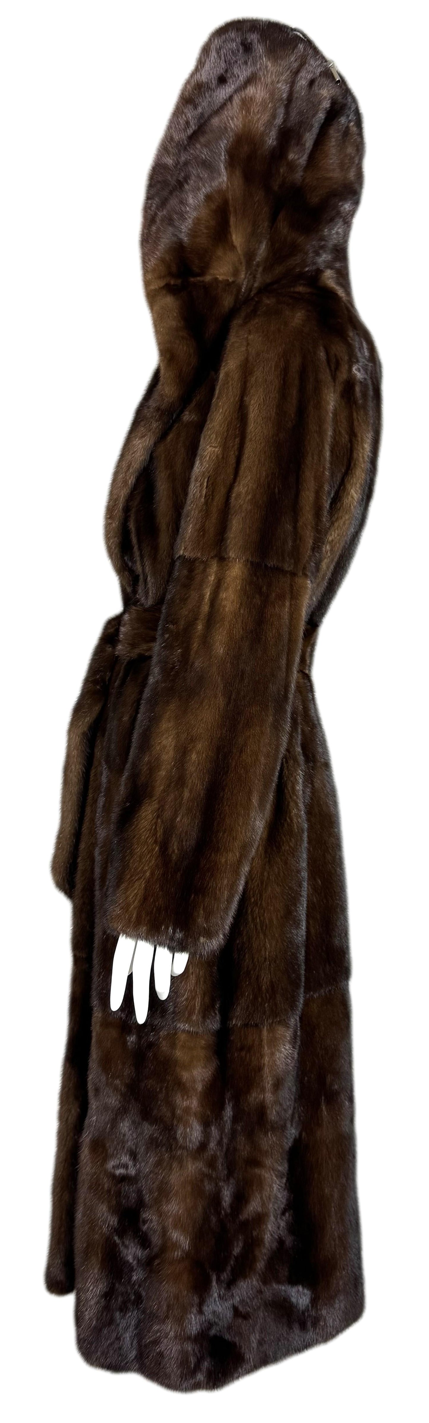 2000's Gianfranco Ferre Hooded Drawstring Mink Fur Full Length Long Coat