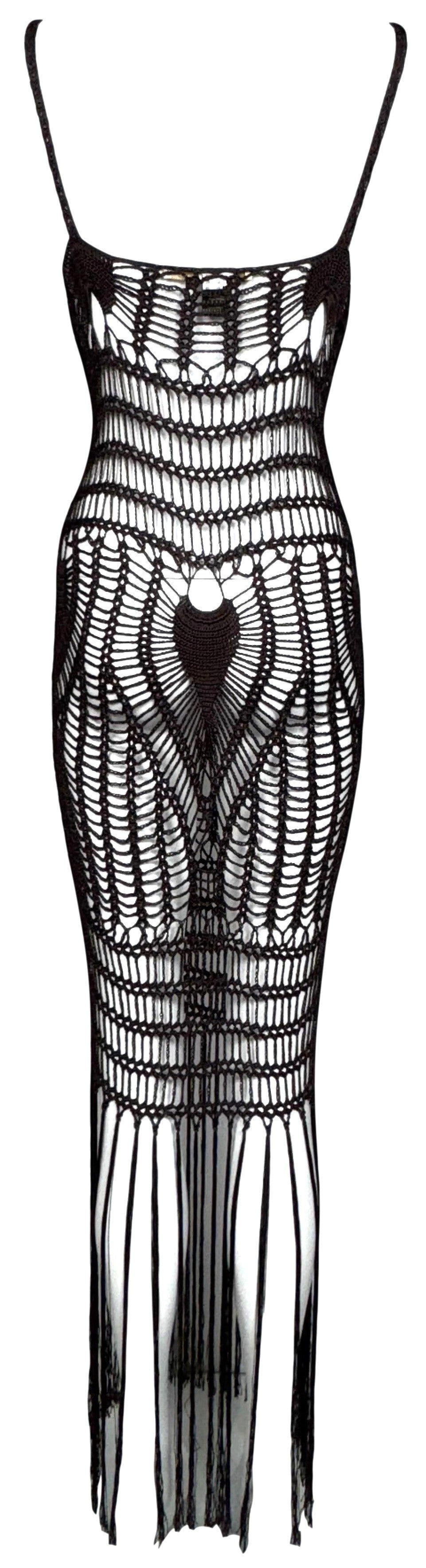 2000's Roberto Cavalli Sheer Brown Knit Beaded Boho Chic Sexy Maxi Bodycon Dress