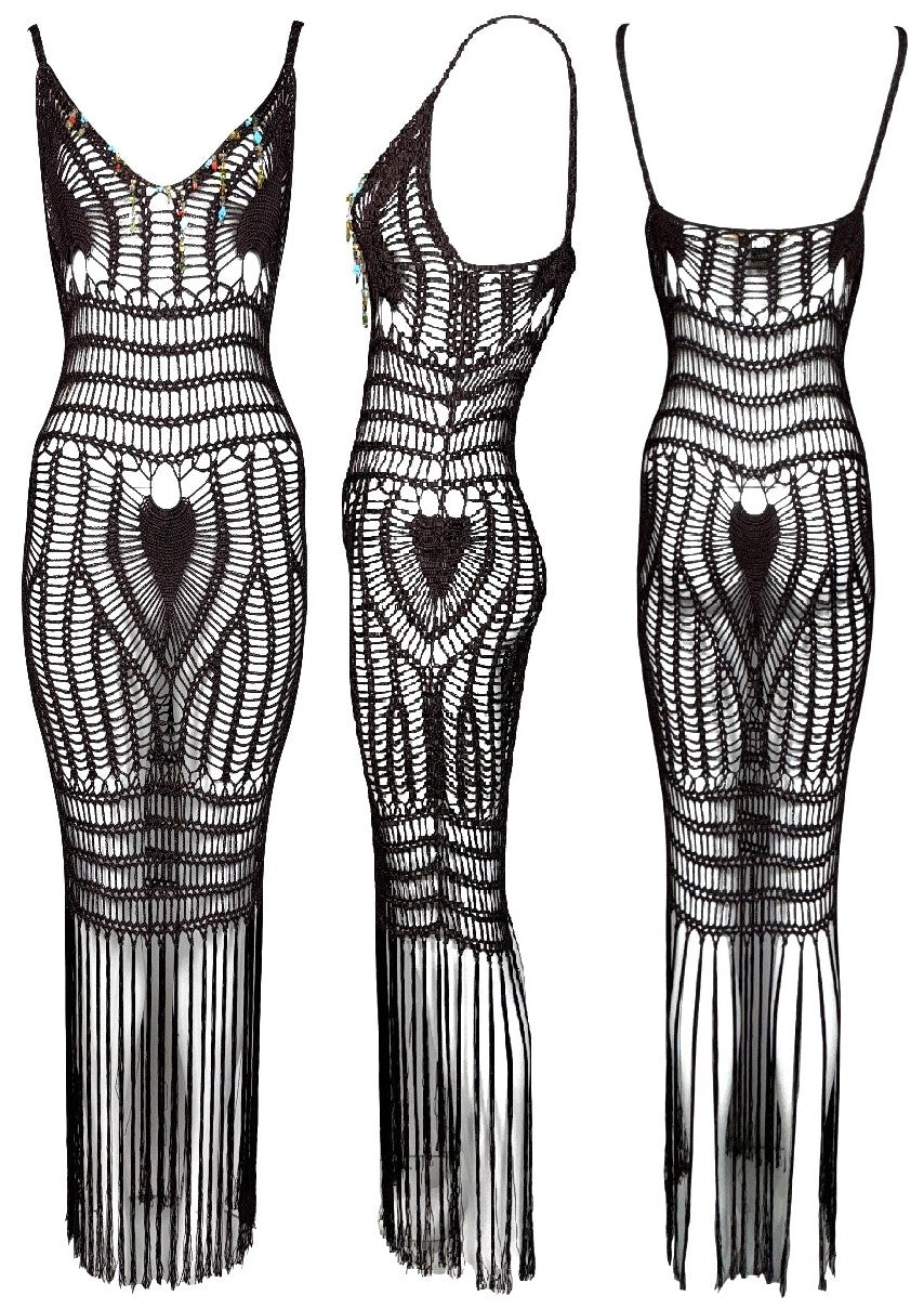 2000's Roberto Cavalli Sheer Brown Knit Beaded Boho Chic Sexy Maxi Bodycon Dress
