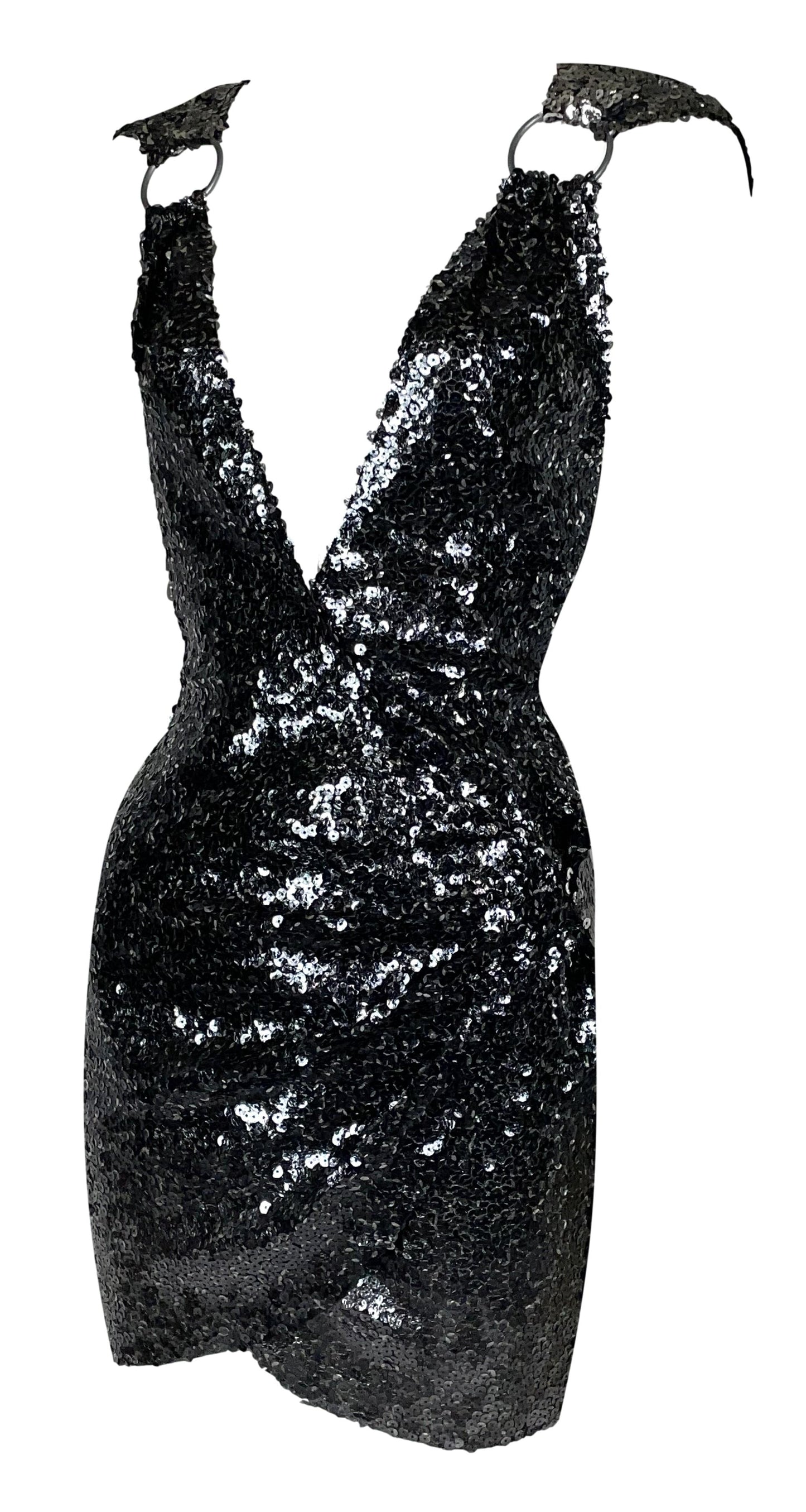 Vintage C. 2000 Fausto Puglisi Plunging Sequin Metal Circle Straps Mini Dress