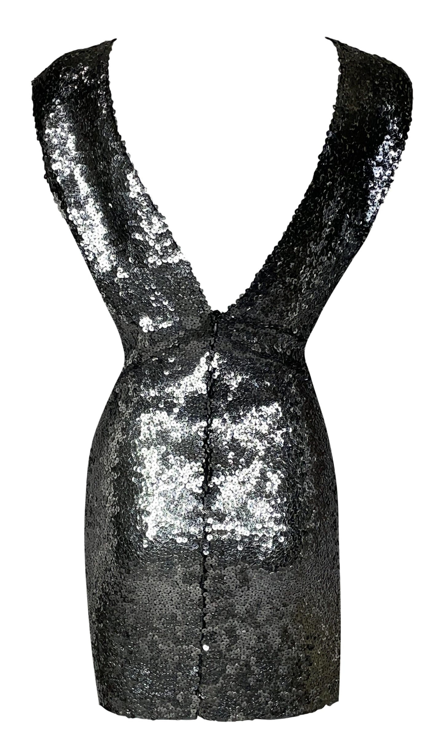 Vintage C. 2000 Fausto Puglisi Plunging Sequin Metal Circle Straps Mini Dress