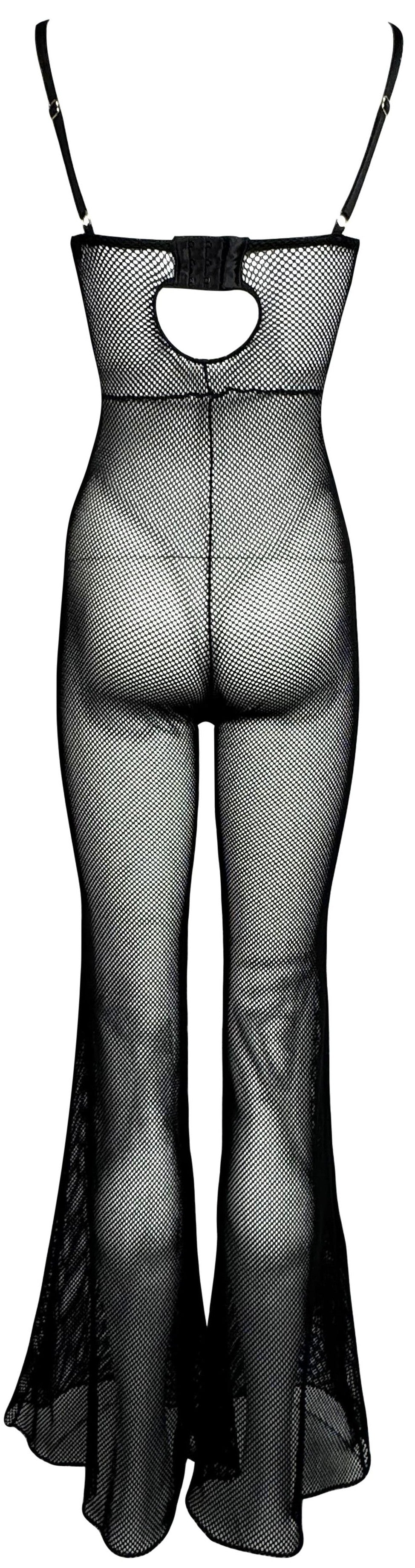 Circa 2000 Dolce & Gabbana Sexy Sheer Black Fishnet 70's Vibe Bell Bottom Jumpsuit