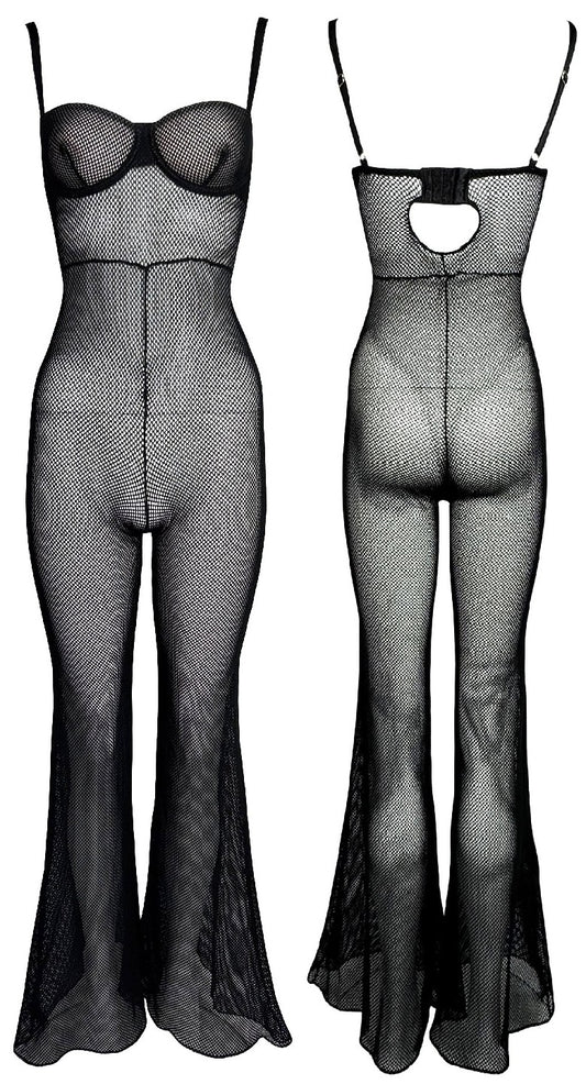 Circa 2000 Dolce & Gabbana Sexy Sheer Black Fishnet 70's Vibe Bell Bottom Jumpsuit