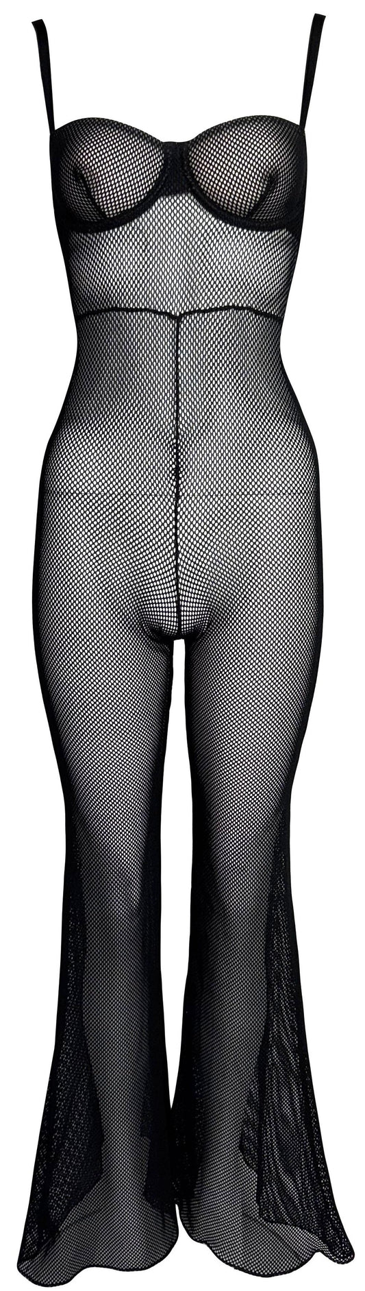 Circa 2000 Dolce & Gabbana Sexy Sheer Black Fishnet 70's Vibe Bell Bottom Jumpsuit